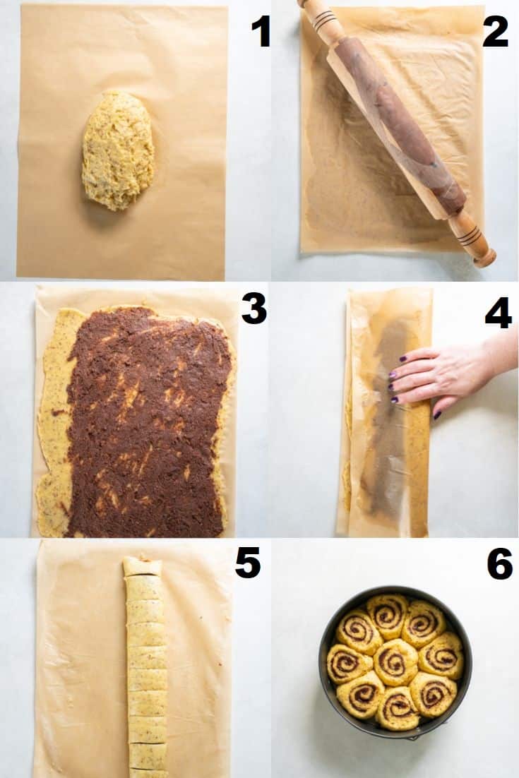 a collage of six images showing how to make and shape keto cinnamon rolls