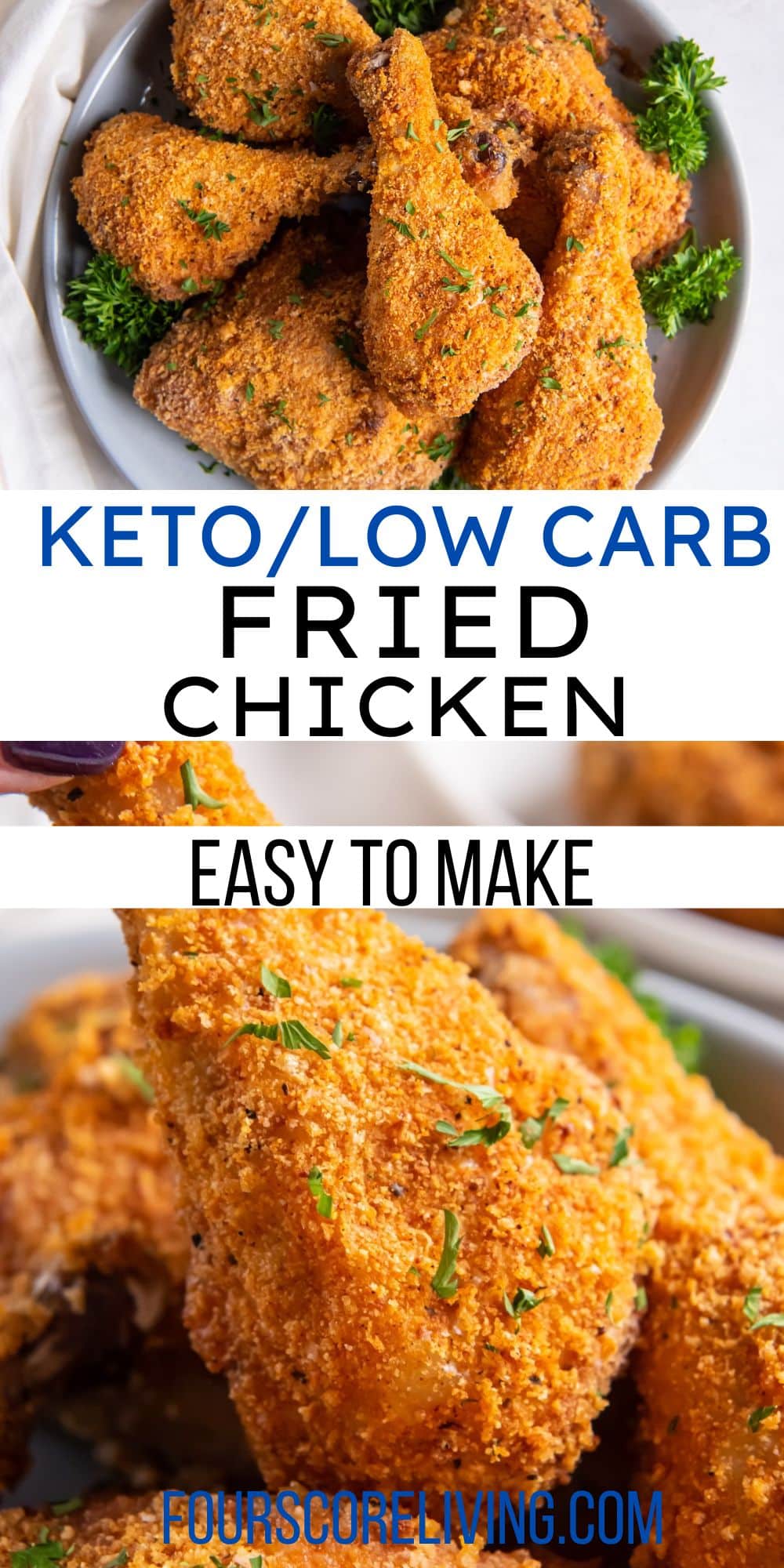two images of breaded keto fried chicken with text title overlay