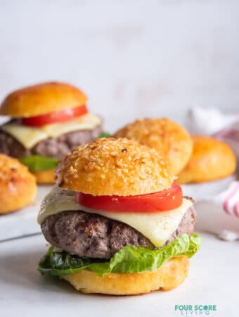 a thick burger with lettuce, cheese, and tomato on a keto onion bun