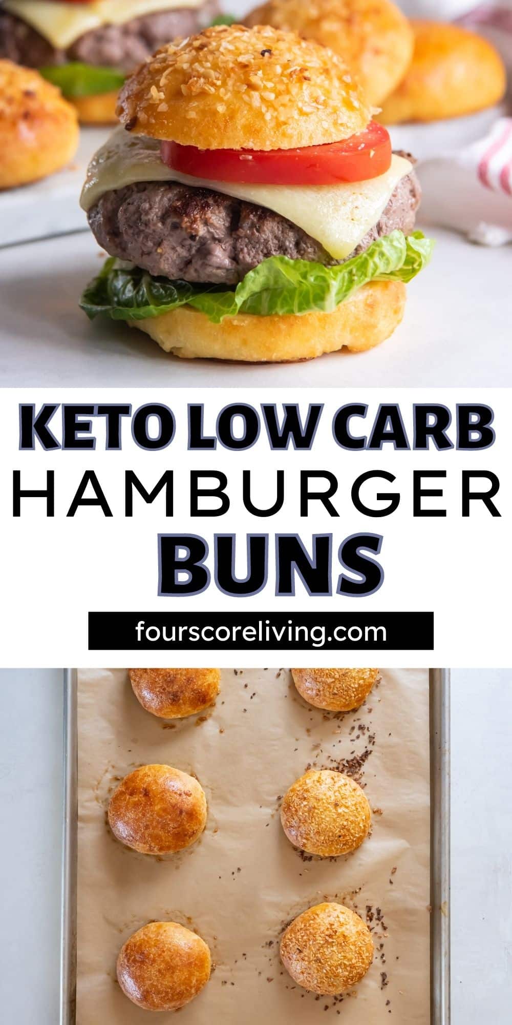 Two photos: A large burger on a keto bun and a tray of baked keto hamburger buns