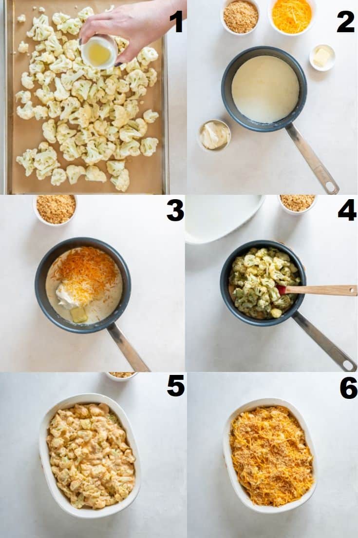 a collage of six images showing how to make keto mac and cheese with cauliflower