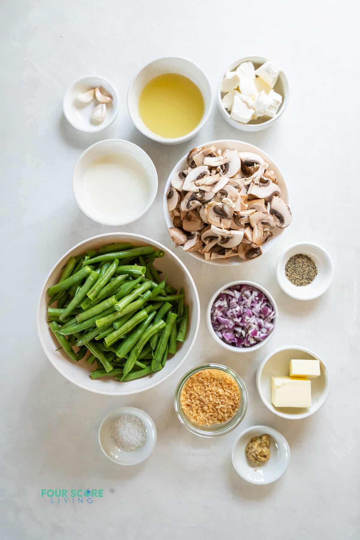The ingredients needed to make green bean casserole from scratch.