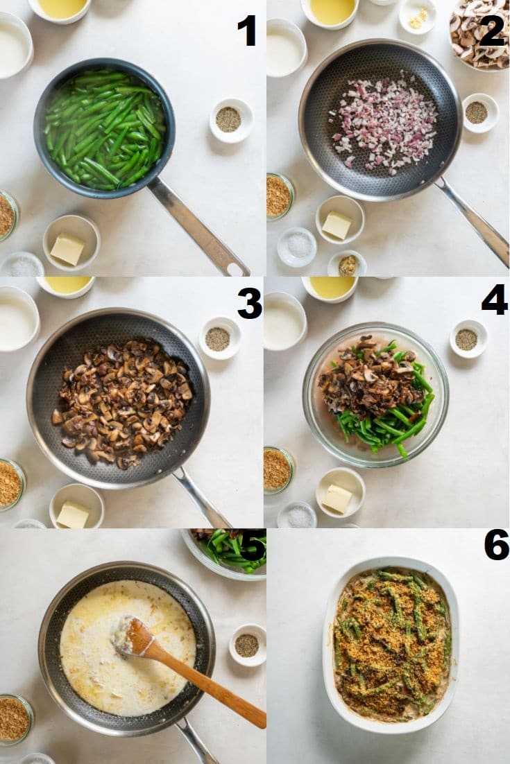 a collage of six photos showing how to make keto green bean casserole