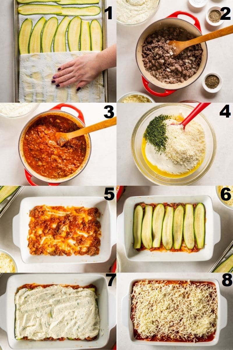 a collage of 8 images showing how to make keto lasagna with zucchini, meat and cheese.