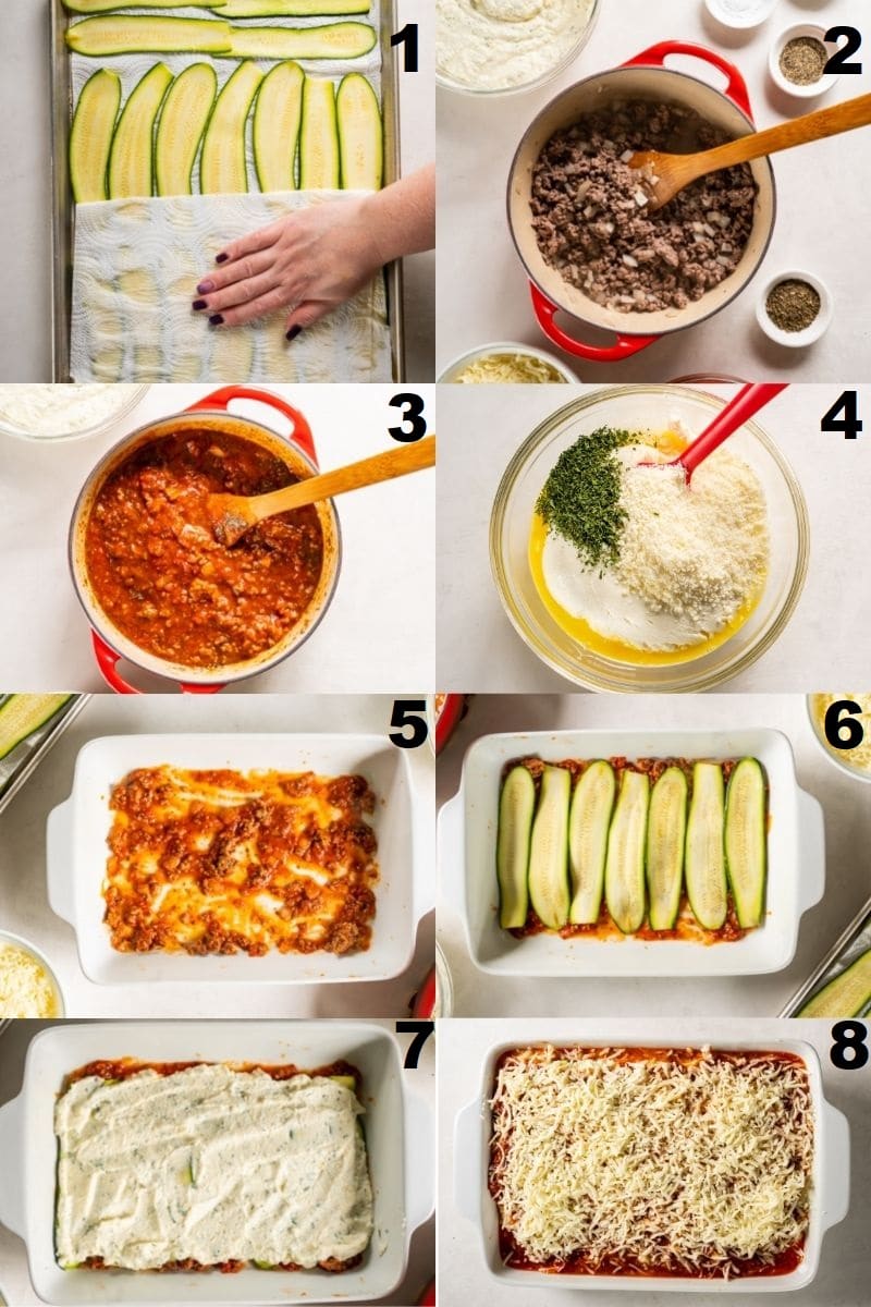 a collage of 8 images showing how to make keto zucchini lasagna.