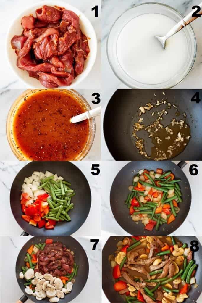 collage of images showing steps to preparing black pepper angus steak recipe
