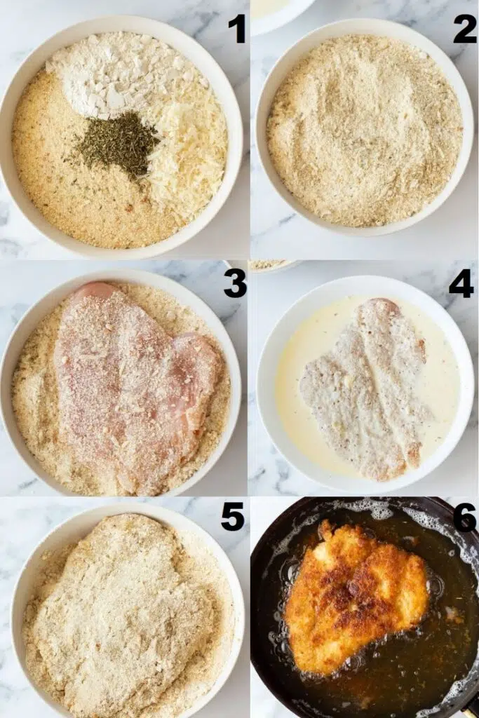 collage of pictures of steps to dredging chicken in chicken fritta recipe