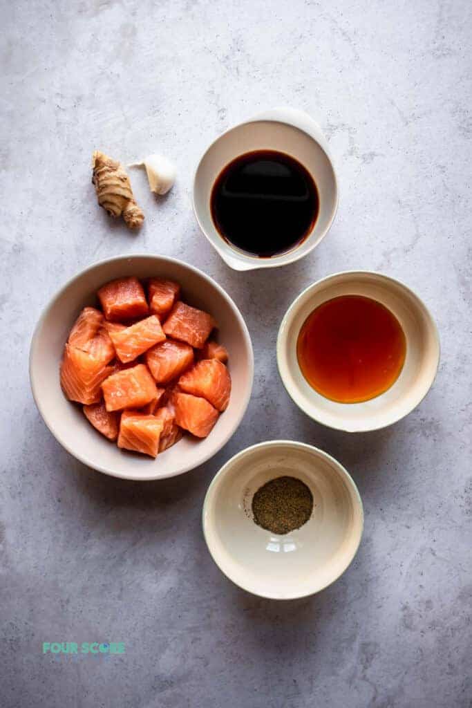 photo of ingredients to make salmon bites in separate bowls