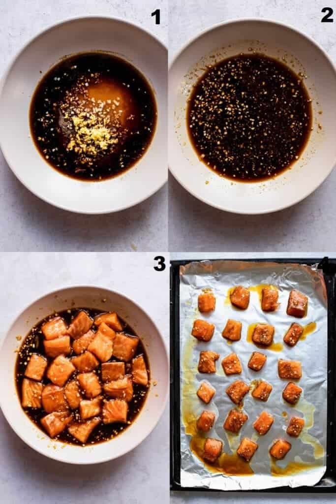 collage of photos of steps to make salmon bites recipe