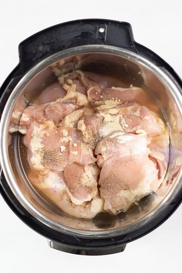 Top view photo of ingredients to make Instant Pot Shredded Chicken, including broth, chicken, and seasonings, in the Instant Pot and ready to cook.