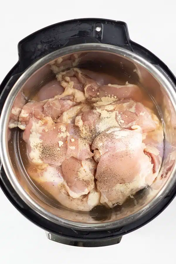 Top view photo of ingredients to make Instant Pot Shredded Chicken, including broth, chicken, and seasonings, in the Instant Pot and ready to cook.