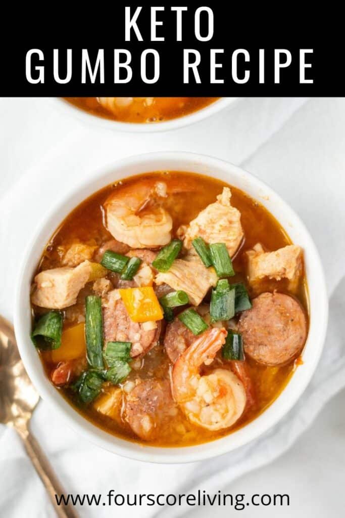 Pinterest photo of Keto Gumbo in a white bowl.