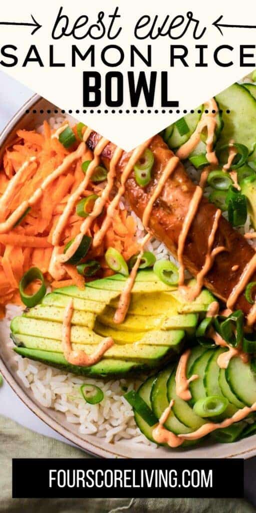Pinterest photo of finished our Salmon Rice Bowl, ready to serve.