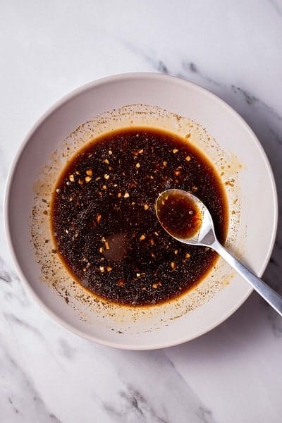 Top view photo of the marinade for the salmon in our Salmon Rice Bowl recipe.