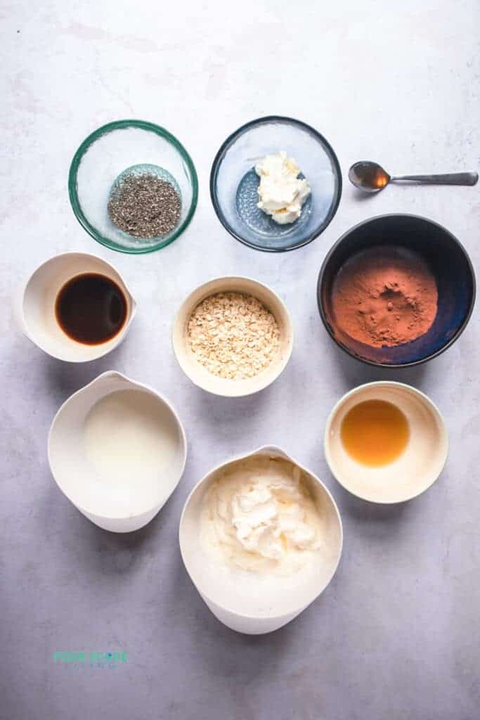 photo of ingredients to make tiramisu overnight oats, in assorted bowls