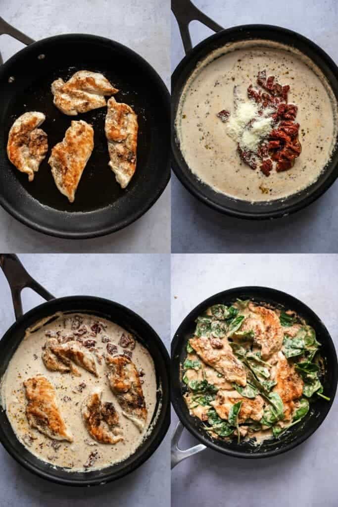 collage of photo showing the steps to make tuscan chicken