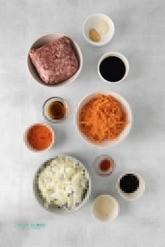 Photo of the ingredients to make Egg Roll in a Bowl in separate bowls.