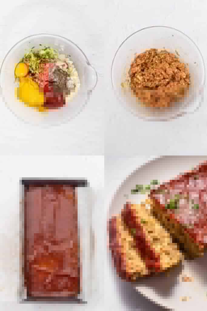 collage of 4 photos showing how to make keto meatloaf