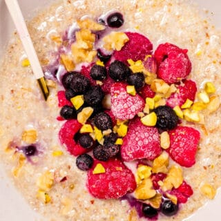 top down view of keto oatmeal in a white bowl