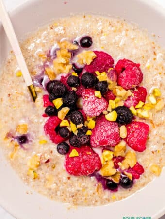 top down view of keto oatmeal in a white bowl