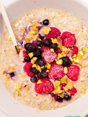 top down view of keto oatmeal in a white bowl