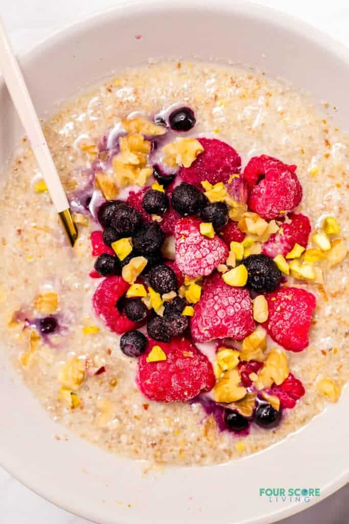 top down view of keto oatmeal in a white bowl