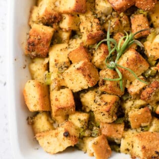 close up of keto stuffing in a white dish