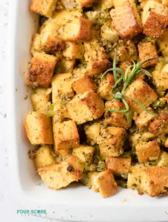 close up of keto stuffing in a white dish