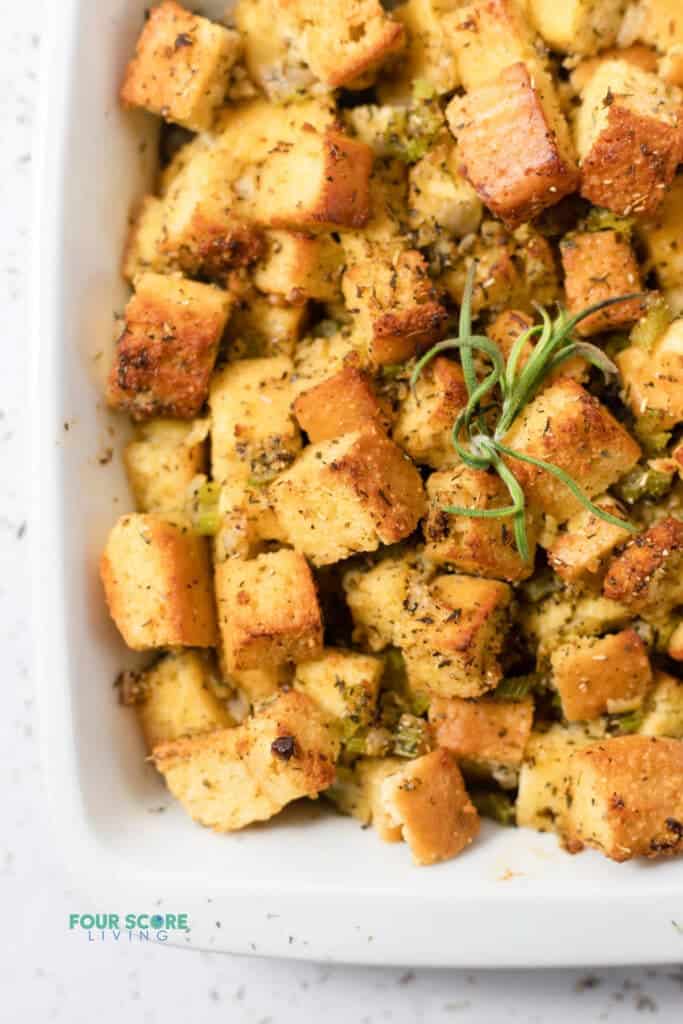 close up of keto stuffing in a white dish