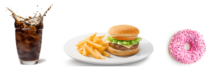 Examples of what not to eat on a Keto diet. A glass of ice and dark soda pop splashing out of the top, a white plate with french fries and a hamburger with onion, lettuce, tomato and cheese. A pink icing donut with pink and purple sprinkles.