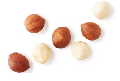 7 hazelnuts. 4 have their brown skin and 3 have their skin removed.