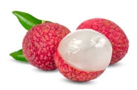 2 whole and 1 partially opened lychee