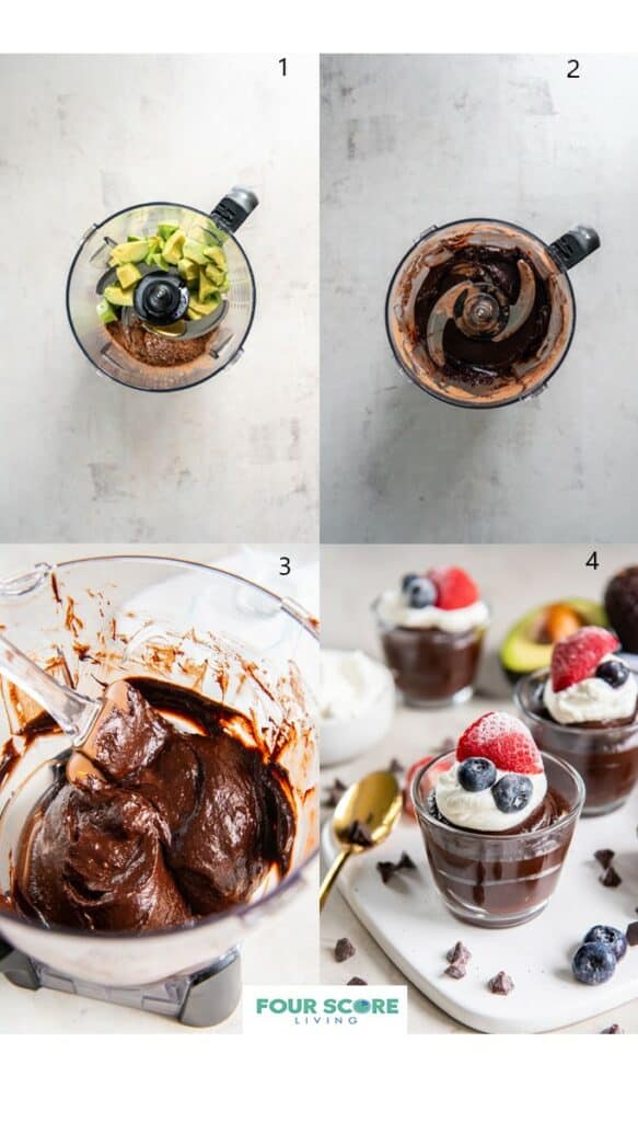 The four steps required to make chocolate avocado pudding. An aerial shot of a food processor with fresh diced avocado, maple syrup, vanilla extract, salt and cocoa powder. The second aerial shot is after the ingredients have been blended. The third shot is a spatula scraping the avocado pudding from the sides of the food processor and the fourth shot is the avocado pudding garnished and ready to serve: topped with whipped cream, one halved strawberry and two blueberries.