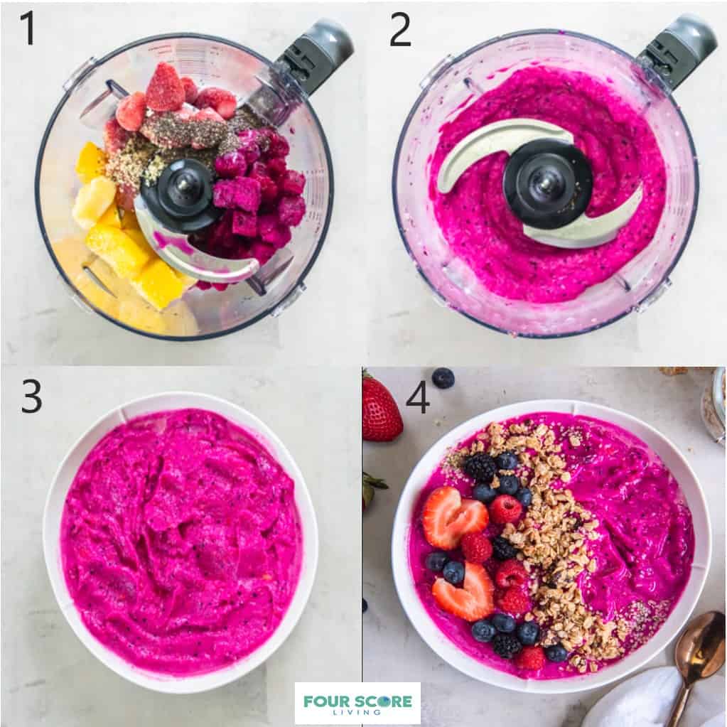 photo collage of 4 steps to make a dragon fruit smooth bowl in a blender