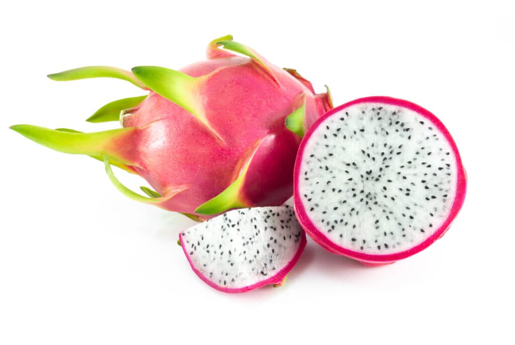 Fresh dragon fruit with pink skin and white flesh