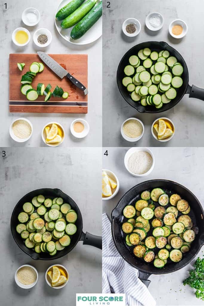 Images with four steps depicting how to make sauteed zucchini. Sliced zucchini on a wooden cutting board, small white bowls of spices, oil, lemon wedges and parmesan cheese. A cast iron pan with  raw sliced zucchini rounds, a cast iron pan with slightly browned zucchini rounds and a cast iron pan with golden brown zucchini rounds, a green garnish and a pinstriped kitchen towel in the background.