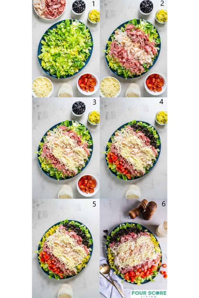 Collage of photos showing the steps to make Grinder Salad. 
