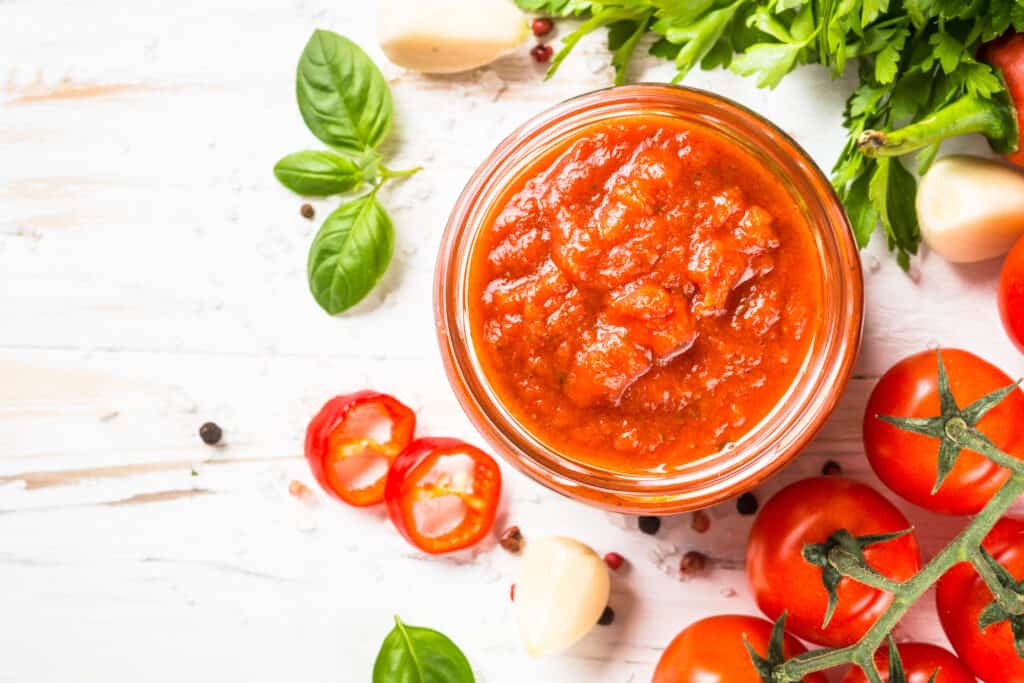 Tomato sauce in a clear glass bowl with whole tomatoes on a stem, peppercorns, fresh basil leaves, two full cloves of garlic, fresh parsley and the stem of a red pepper in the background.
