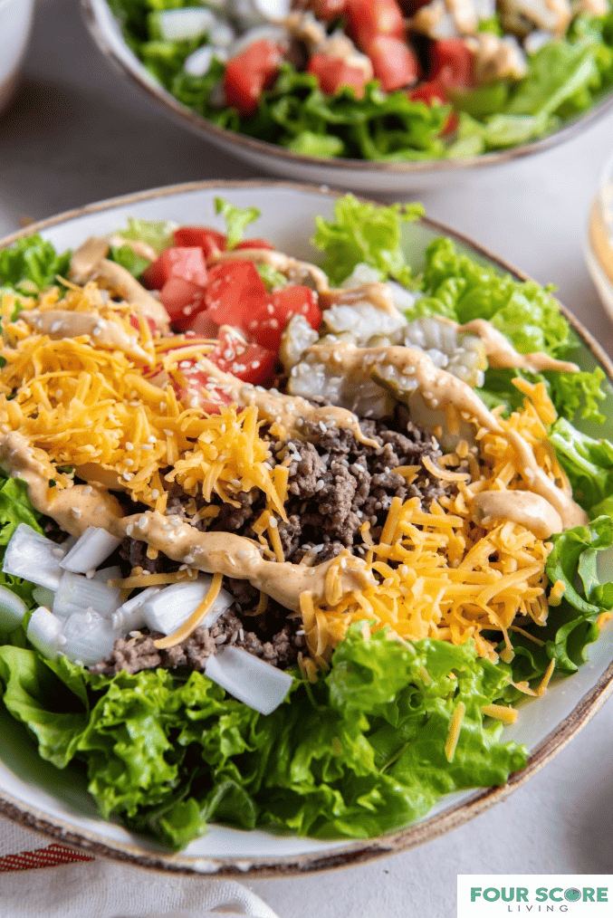 Two plates of prepared big mac salad, each plate is layered with leafy green lettuce, shredded yellow cheese, chopped onion, diced red tomato and cooked ground beef. Sesame seeds are sprinkled over the top of the salad.