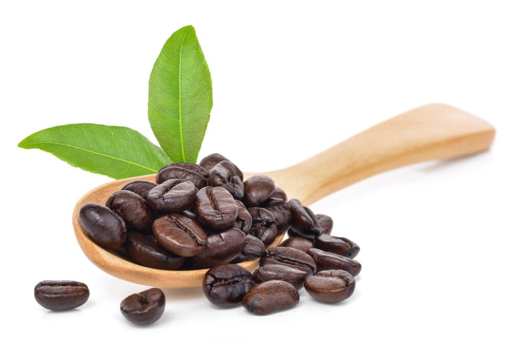 Small wooden spoon faceup on a white background filled with whole coffee beans spilling onto the surface with two green leaves in the background as a garnish.