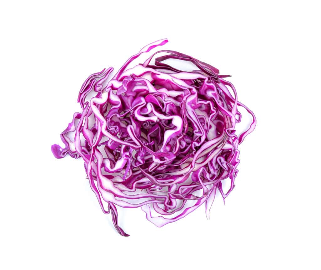 Aerial view of thinly shredded purple cabbage formed into an imperfect round circular shape.