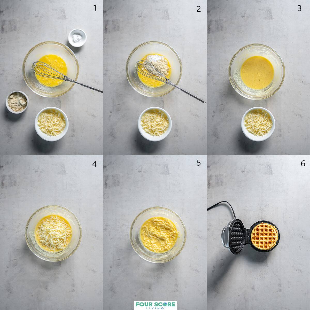 Aerial view of six images demonstrating the steps in making a Keto Chaffle, with a medium clear glass bowl with whisked eggs, a small dish of baking powder, a cup of shredded cheese, and a small dish of almond flour, progressively being added to the glass bowl and mixed and then an open waffle iron with a cooked Keto Chaffle in view. 