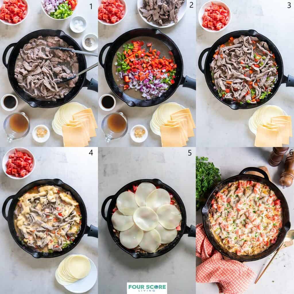 Six aerial images demonstrating the steps for making a Philly cheesesteak casserole, including small white dish of minced garlic and Worcestershire sauce, sliced cheese, chopped tomatoes and beef broth in a clear glass liquid measuring cup. Accessories such as a brass serving spoon and wooden salt and pepper dispensers are featured in one of the images.
