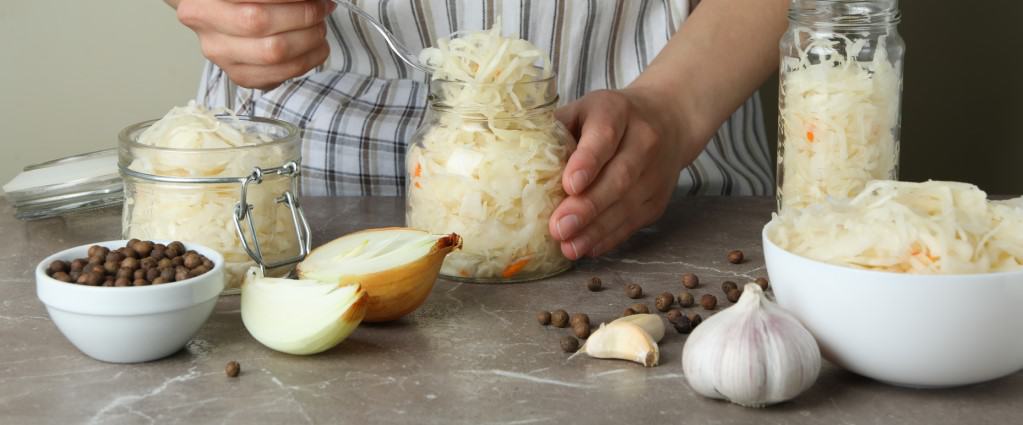 Front view of sauerkraut preparation with various sized clear glass jars of sauerkraut, a half and a quarter of an onion, a bulb of garlic and two garlic cloves, a dish of round spices.