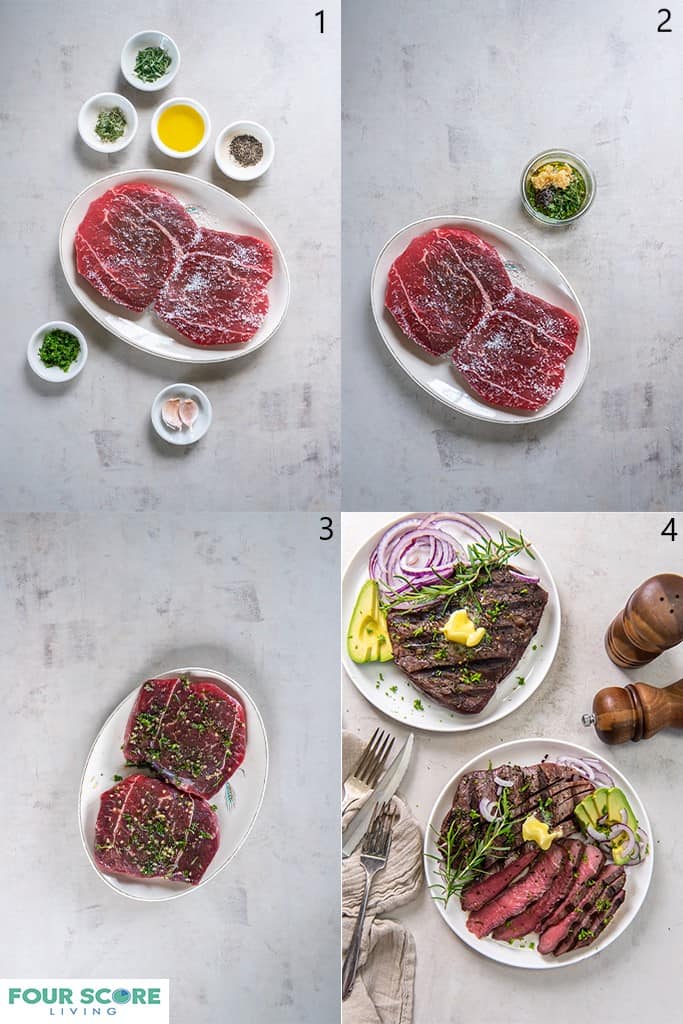 Steps to season and a sirloin tip steak. Aerial view of a white oval platter with two raw sirloin tip steaks and small dishes of herbs, spices, salt, two garlic cloves and olive oil and images of the oil and spices rubbed onto the steaks and a final product image of two cooked sirloin tip steaks, one sliced and each garnished with sliced avocado, purple onion and a pat of butter.