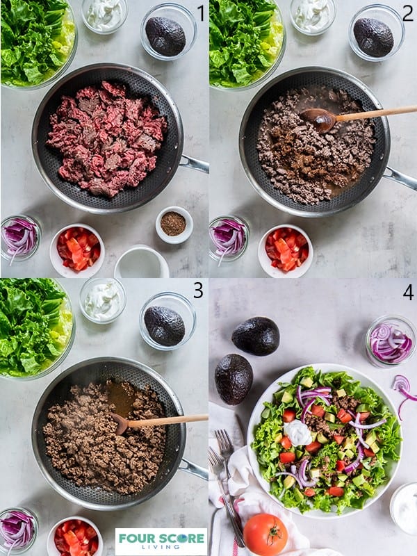 Four images demonstrating how to make a keto taco salad, including dishes of ingredients, a skillet pan browning ground beef and a finished product image of a keto taco salad with chopped tomatoes, sliced onions, avocado, sour cream and cooked ground beef.