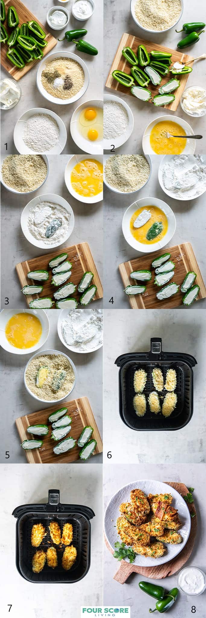Aerial view of a ingredients and eight steps to make air fryer jalapeno poppers, including a wood cutting board of 8 whole, fresh jalapenos, dishes of salt and pepper, eggs, flour, cream cheese, bread crumbs, flour and a basket of an air fryer layered with uncooked and cooked jalapeno poppers.