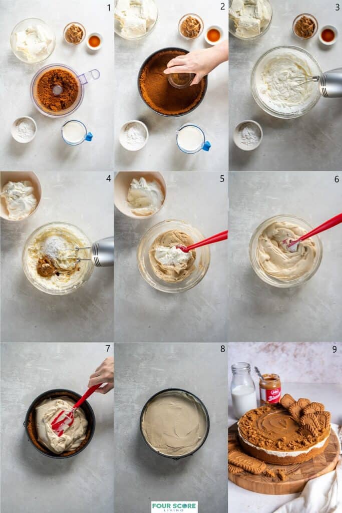 Aerial view of steps to make a Biscoff cheescake, including making a Biscoff cookie crust in a food processor, pressing the crust into a pie pan, whipping heavy cream, mixing Biscoff spread, vanilla extract and whipped cream into a filling, spreading filling on top of crust and the finished and garnished Biscoff cheesecake.
