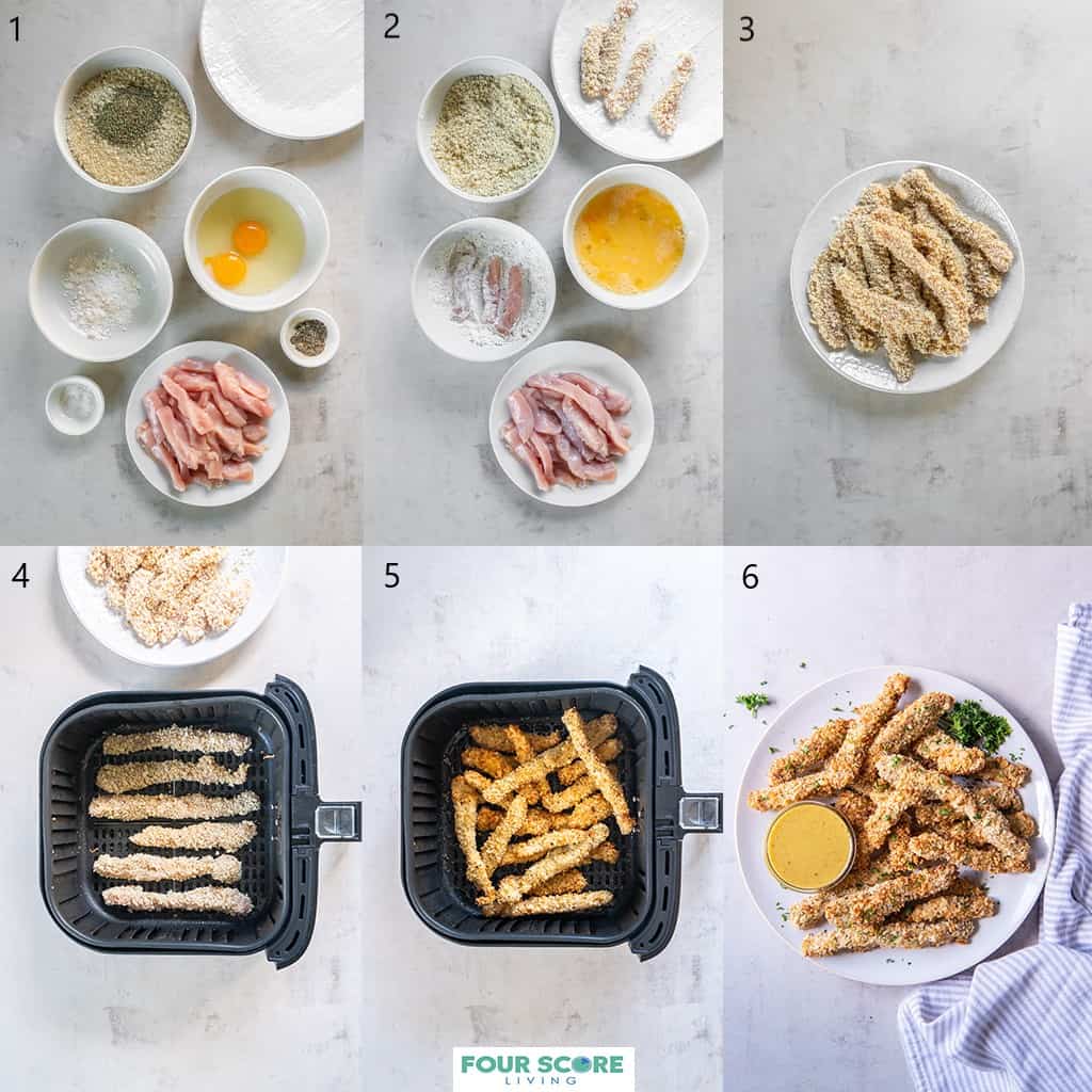Aerial view of the steps to make air fryer chicken fries with the ingredients in small and medium white dishes, including bread crumbs, cracked raw eggs, two chicken breasts, seasonings, and flour, an air fryer basket and an image of breaded and cooked air fryer chicken fries with a honey mustard dipping sauce on a white plate.