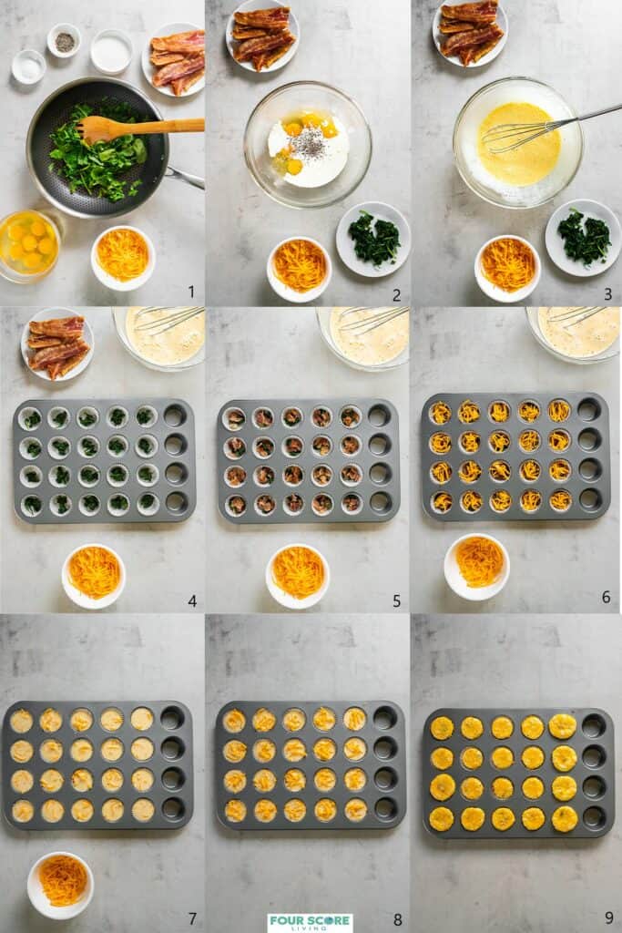 Aerial view of steps to make keto egg bites, including white and clear bowls each containing an ingredient for keto egg bites, such as cooked bacon strips, shredded cheddar cheese, fresh spinach, cracked eggs, slat, pepper, oil and heavy cream  as well as the process of combining these ingredients and layering them into a mini muffin tray, all resting on a white stone surface. 